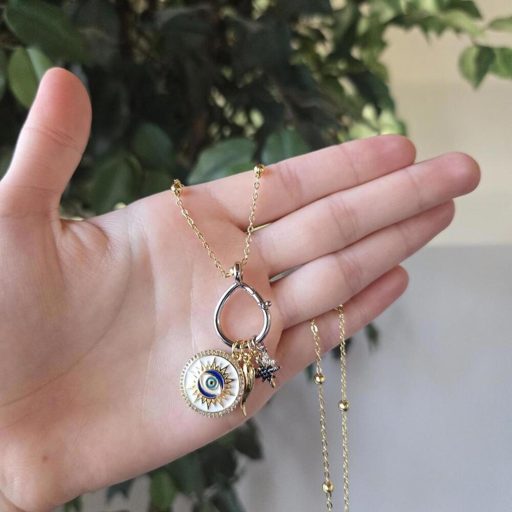 18k Mixed Gold Evil Eye Charm Necklace
